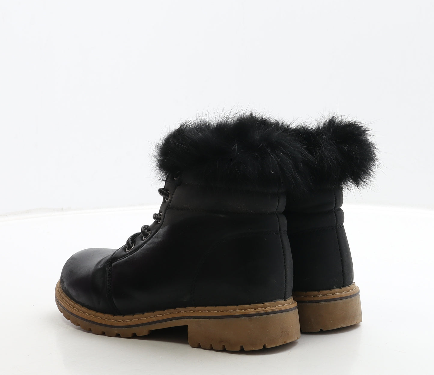 Preworn Girls Black Leather Combat Boot UK 2 34 - Fluffy Detail