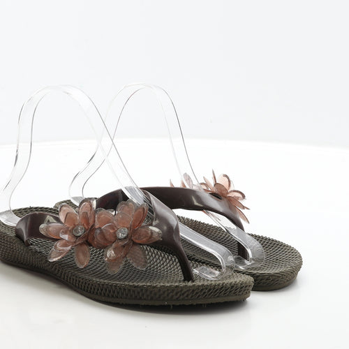 Preworn Womens Brown Floral Rubber Thong Sandal UK 6 39 - Flower Detail