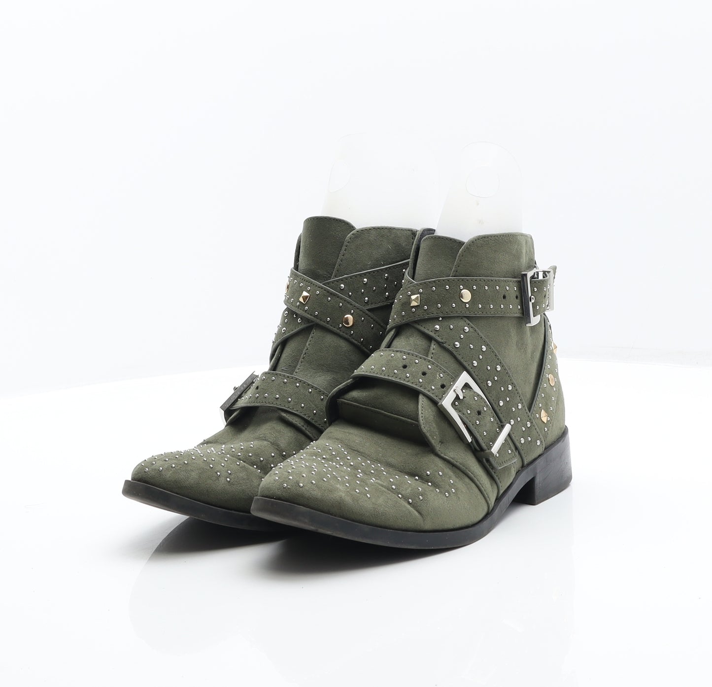 River Island Womens Green Leather Biker Boot UK 5