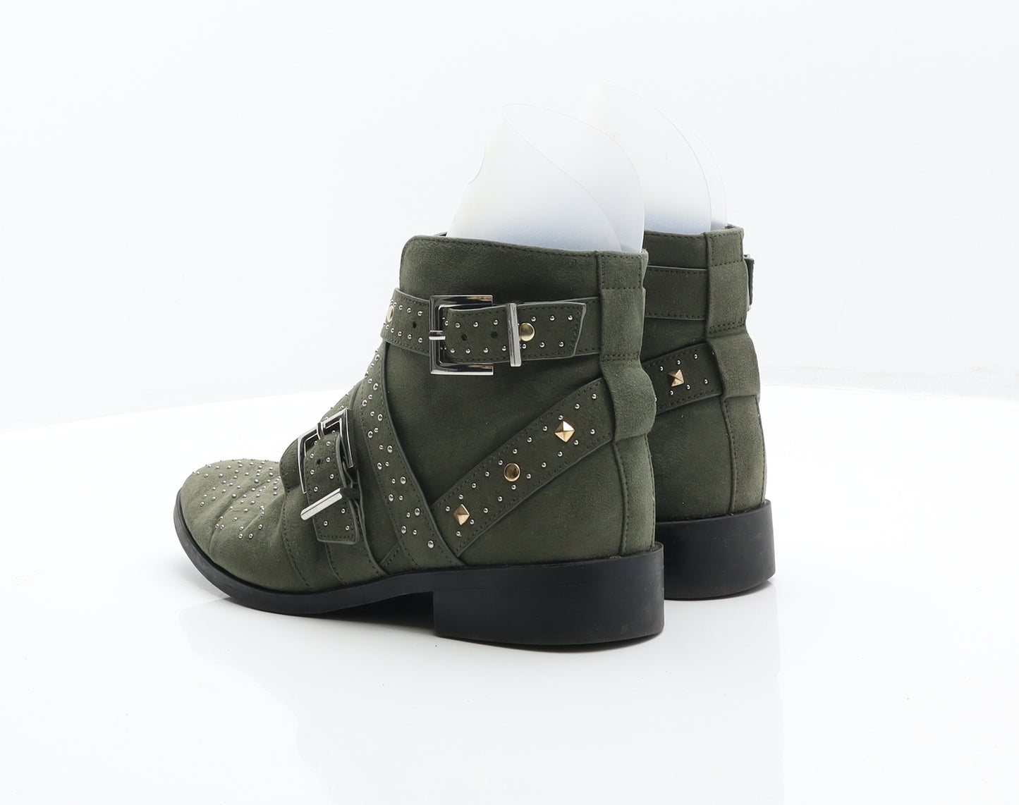 River Island Womens Green Leather Biker Boot UK 5