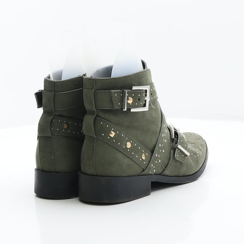 River Island Womens Green Leather Biker Boot UK 5