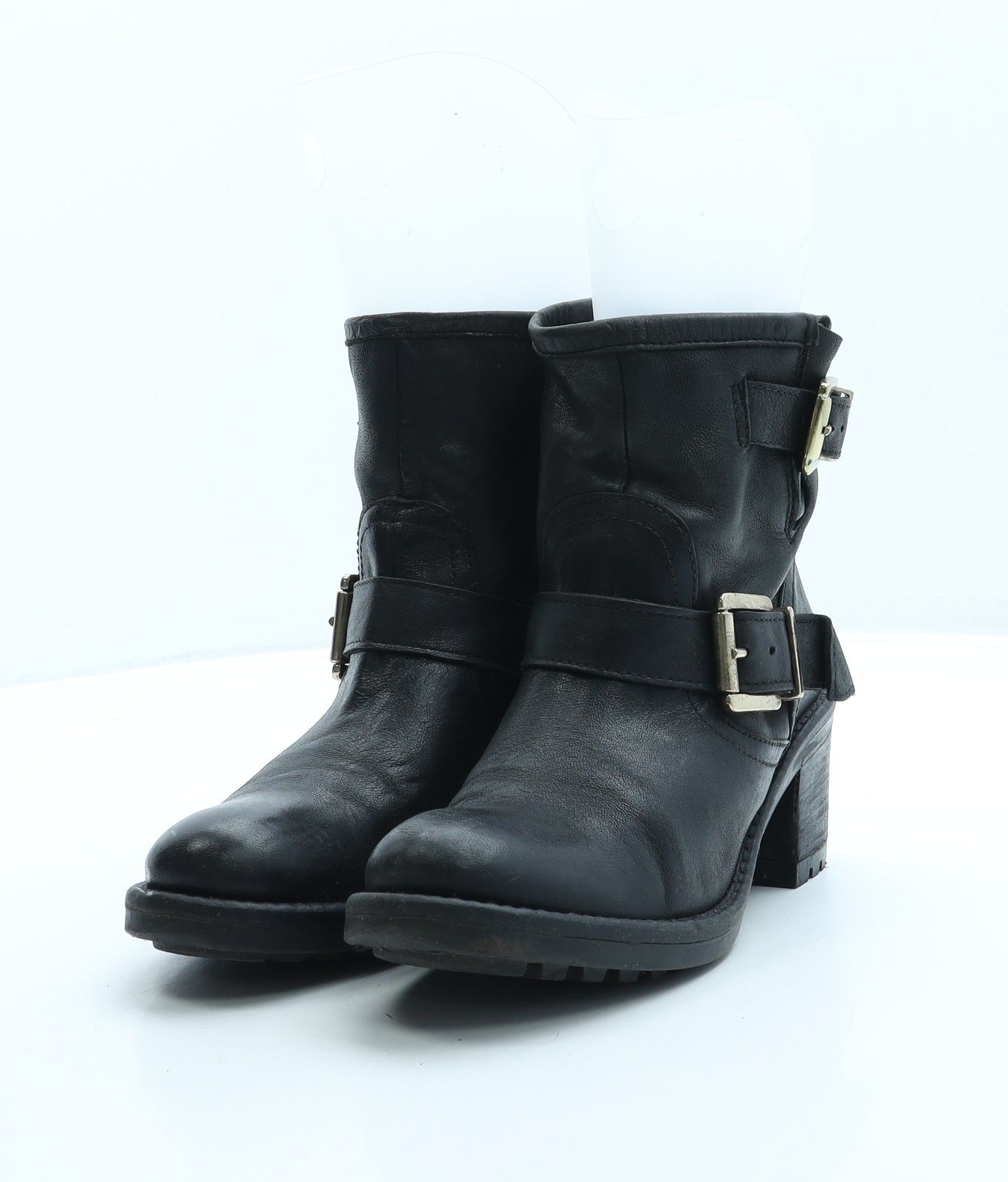 Preworn Womens Black Leather Biker Boot UK 3 35