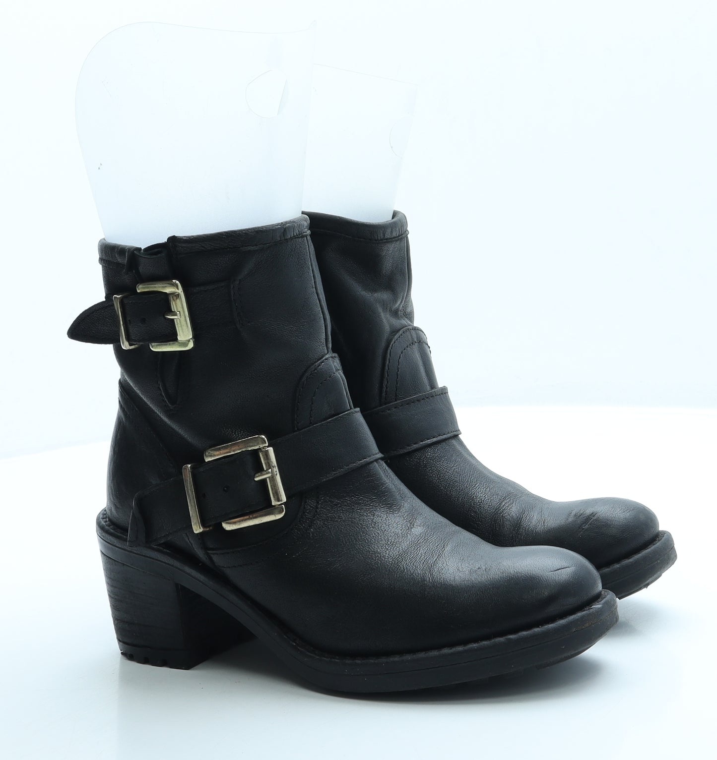 Preworn Womens Black Leather Biker Boot UK 3 35