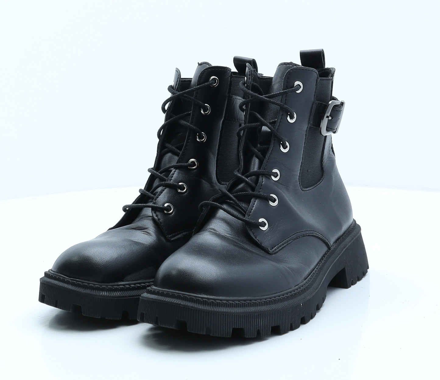 Preworn Womens Black Leather Combat Boot UK 7 40