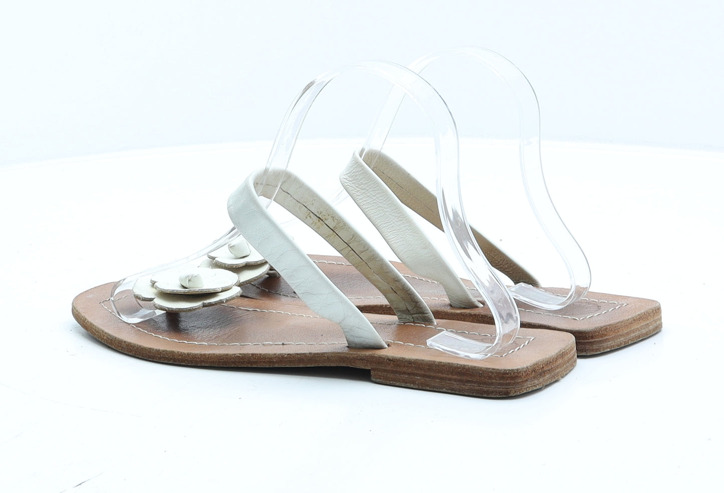 Preworn Womens Brown Leather Flat UK 7 40 - Flower Detail Thong