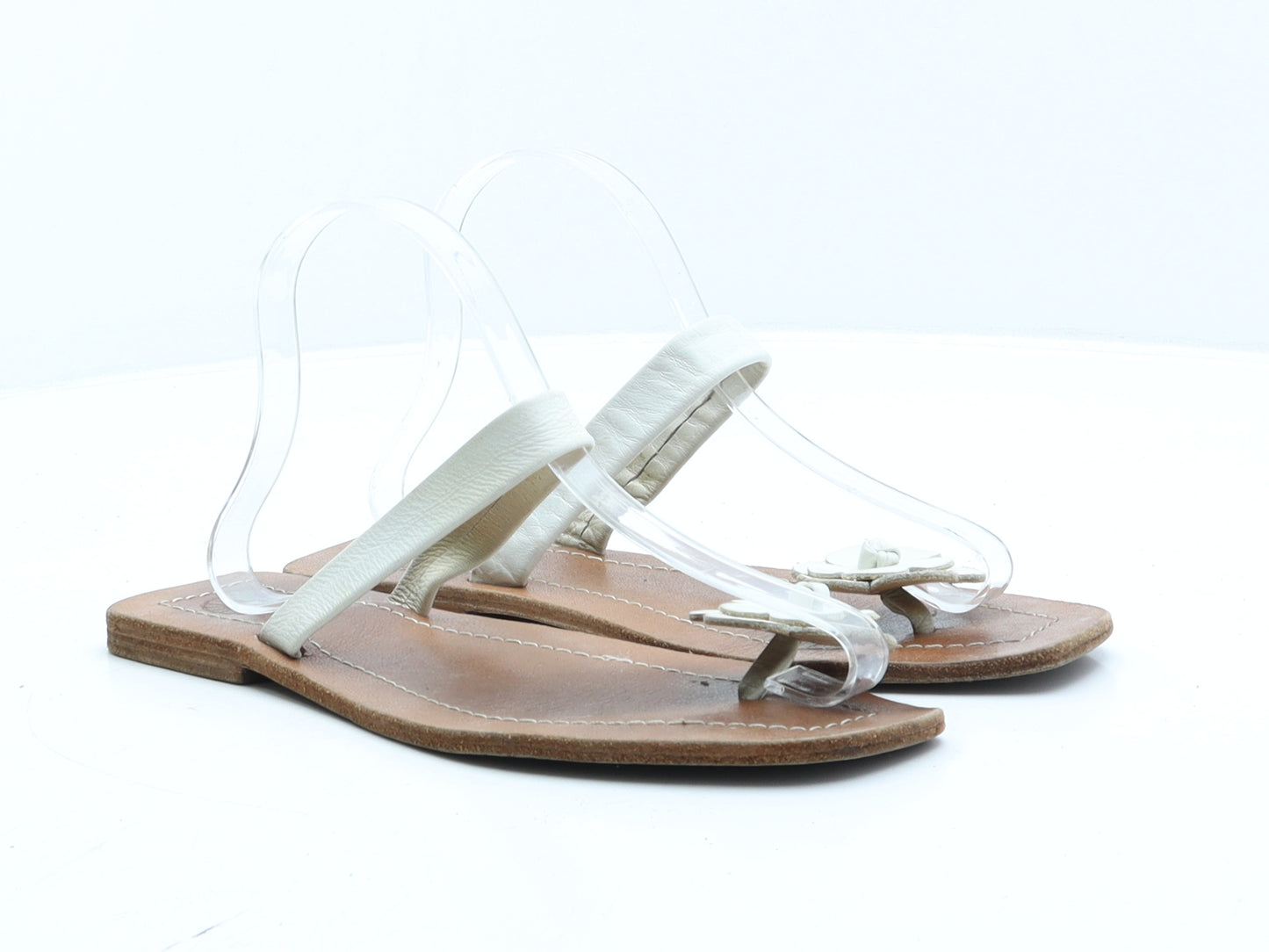 Preworn Womens Brown Leather Flat UK 7 40 - Flower Detail Thong