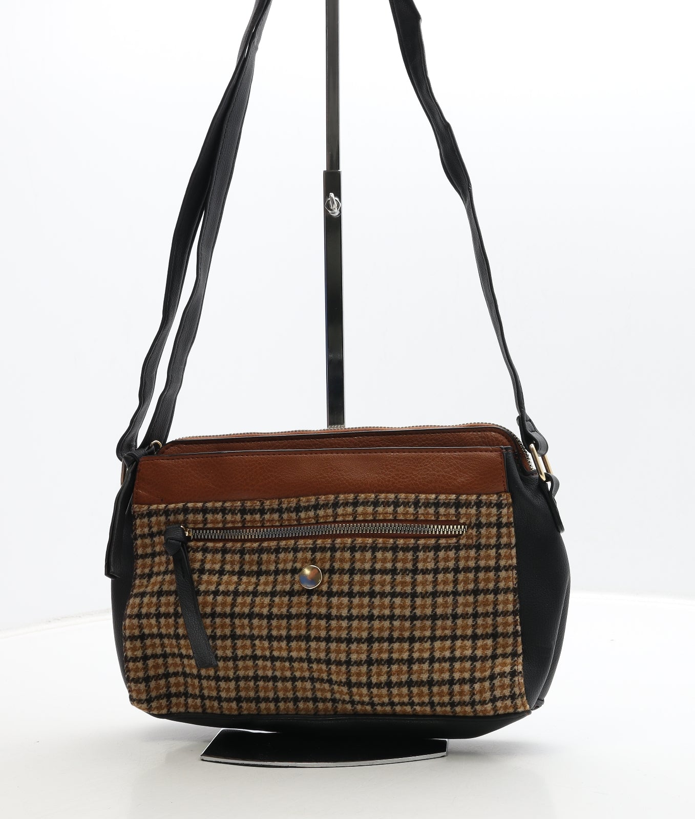 Preworn Womens Black Plaid Leather Crossbody Size Medium