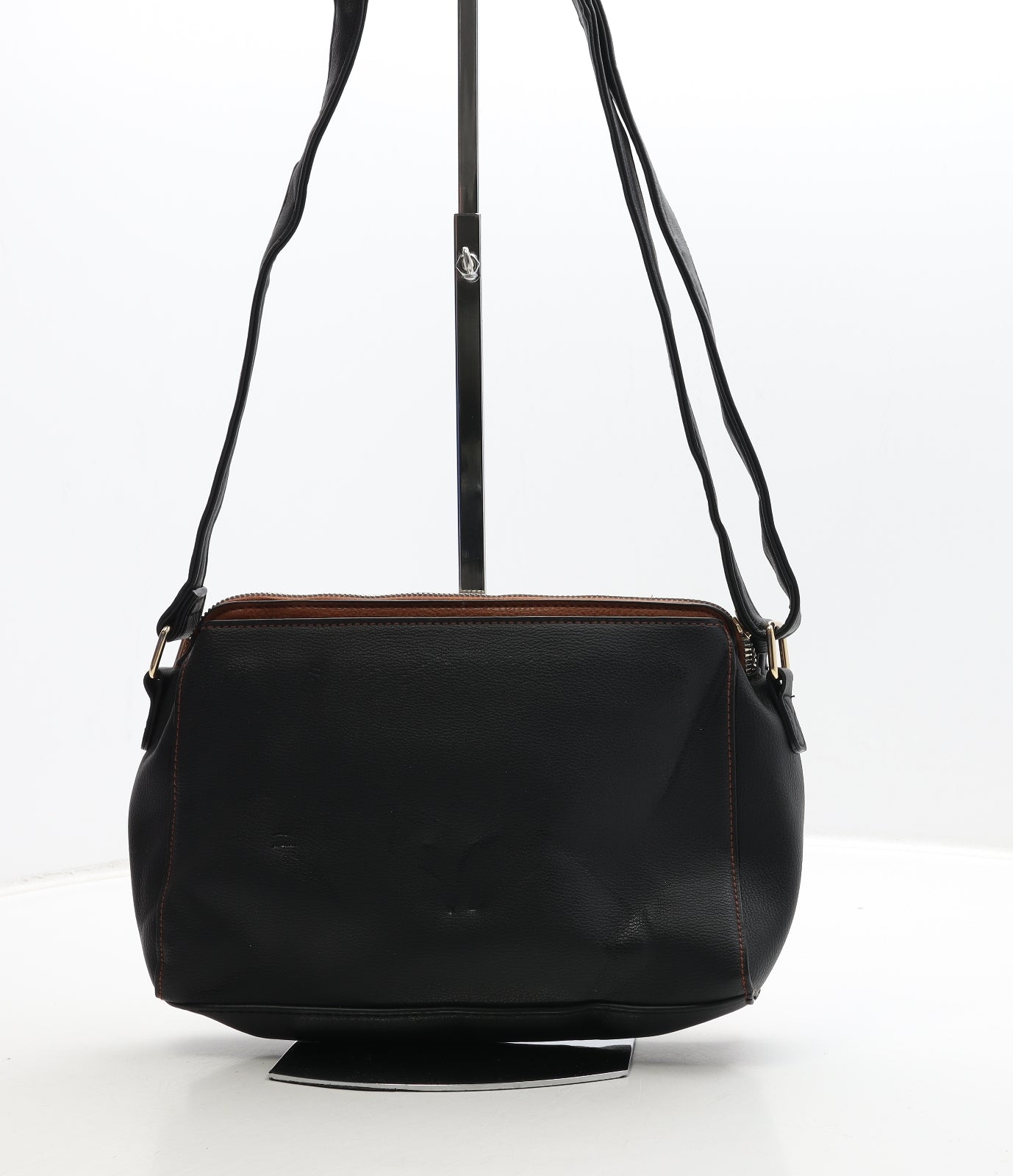 Preworn Womens Black Plaid Leather Crossbody Size Medium