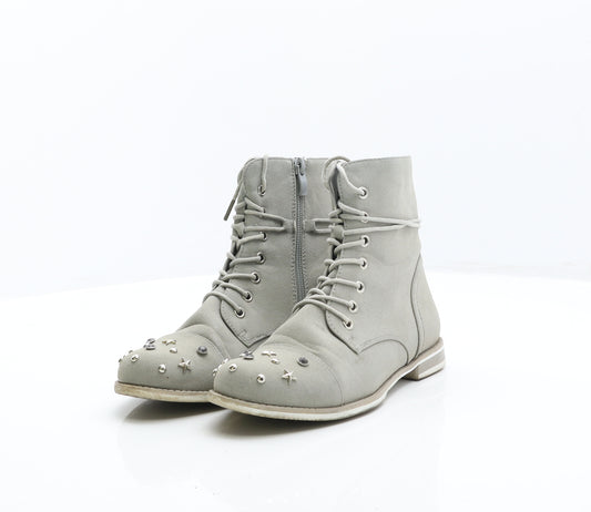 Preworn Womens Grey Leather Combat Boot UK 3 36
