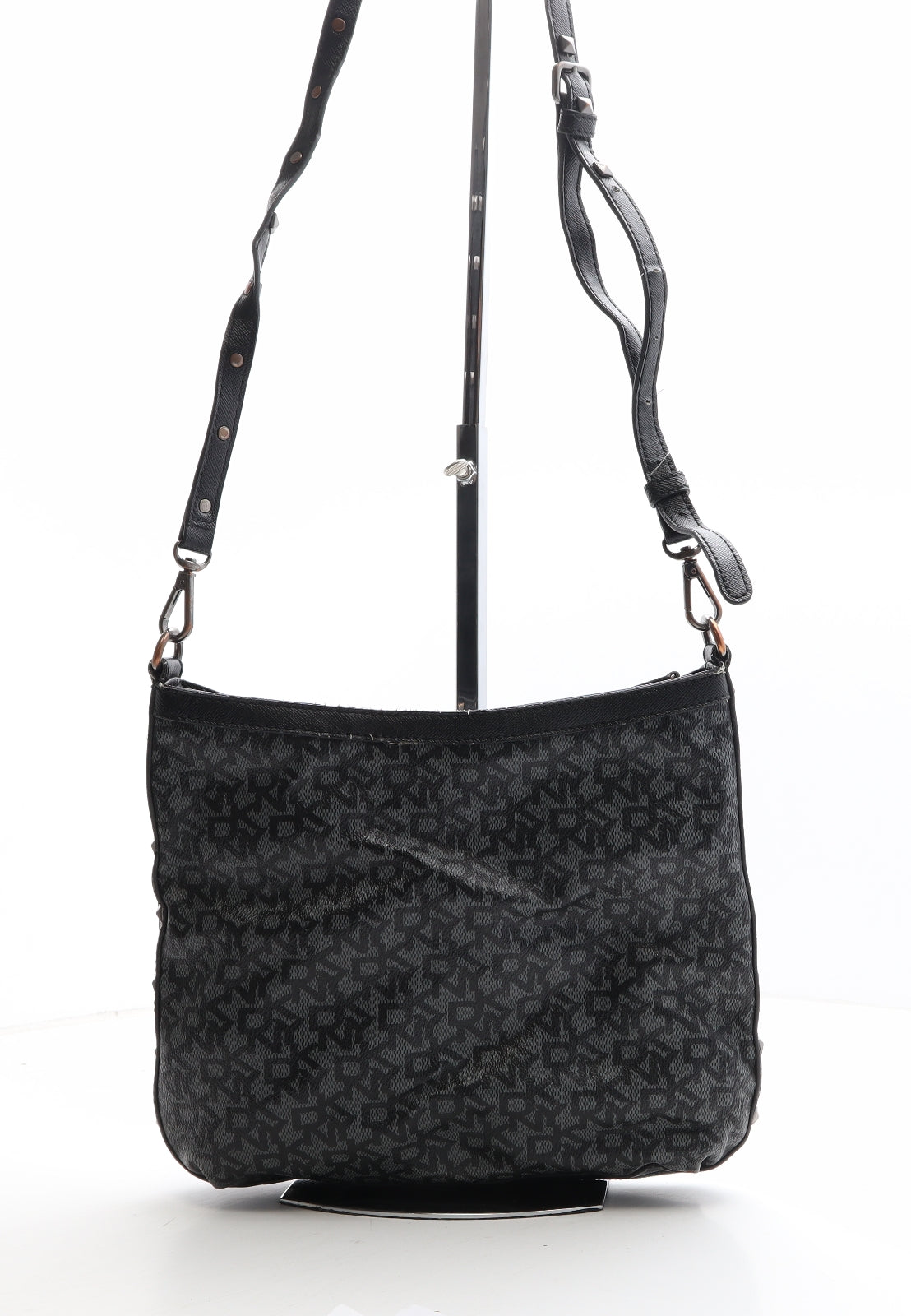 DKNY Womens Black Geometric Leather Saddle Bag Size Small