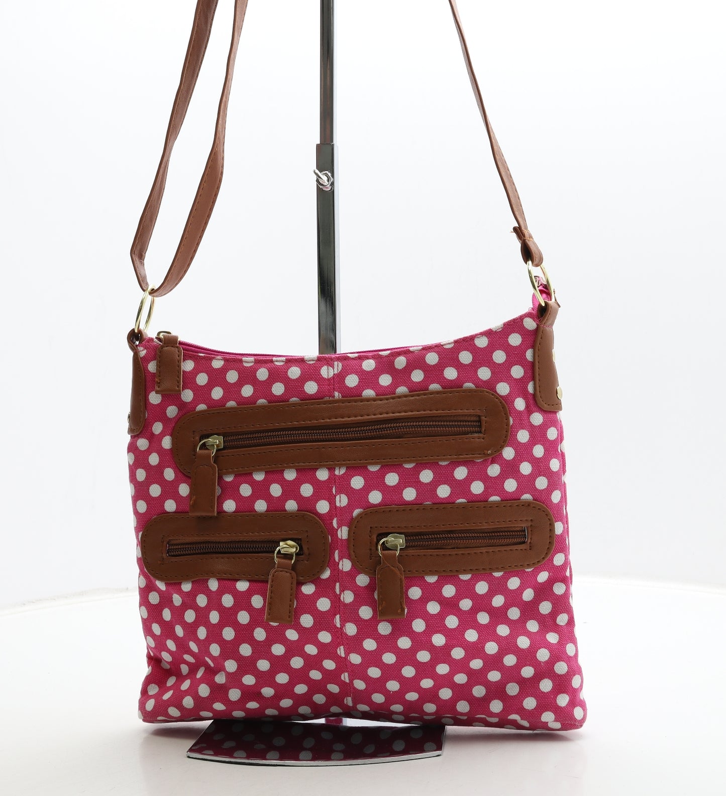 Preworn Womens Pink Polka Dot Canvas Crossbody Size Medium