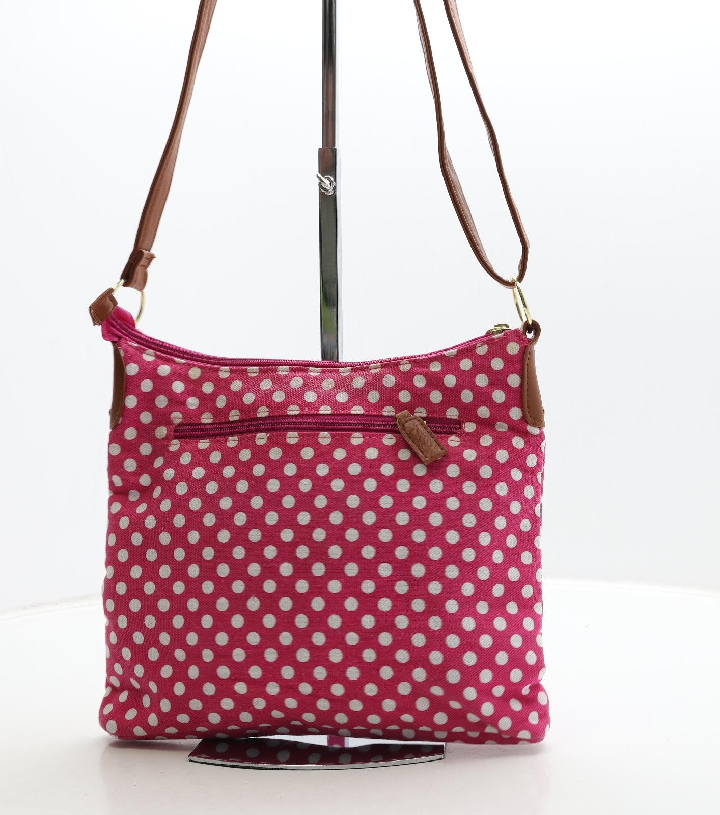 Preworn Womens Pink Polka Dot Canvas Crossbody Size Medium