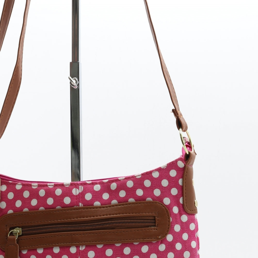 Preworn Womens Pink Polka Dot Canvas Crossbody Size Medium