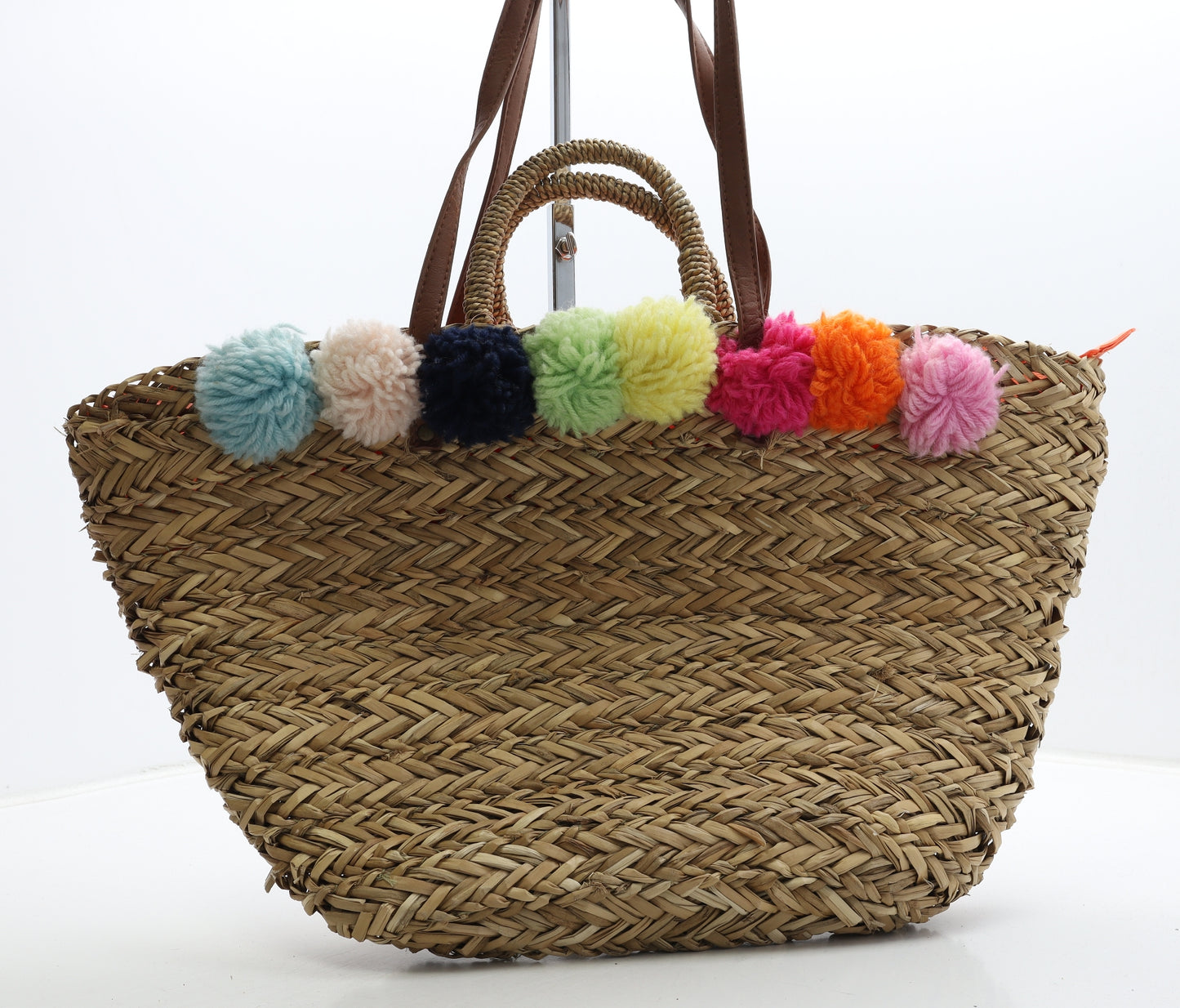 Primark Womens Brown Wicker Shoulder Bag Size Large - Pom Pom Detail