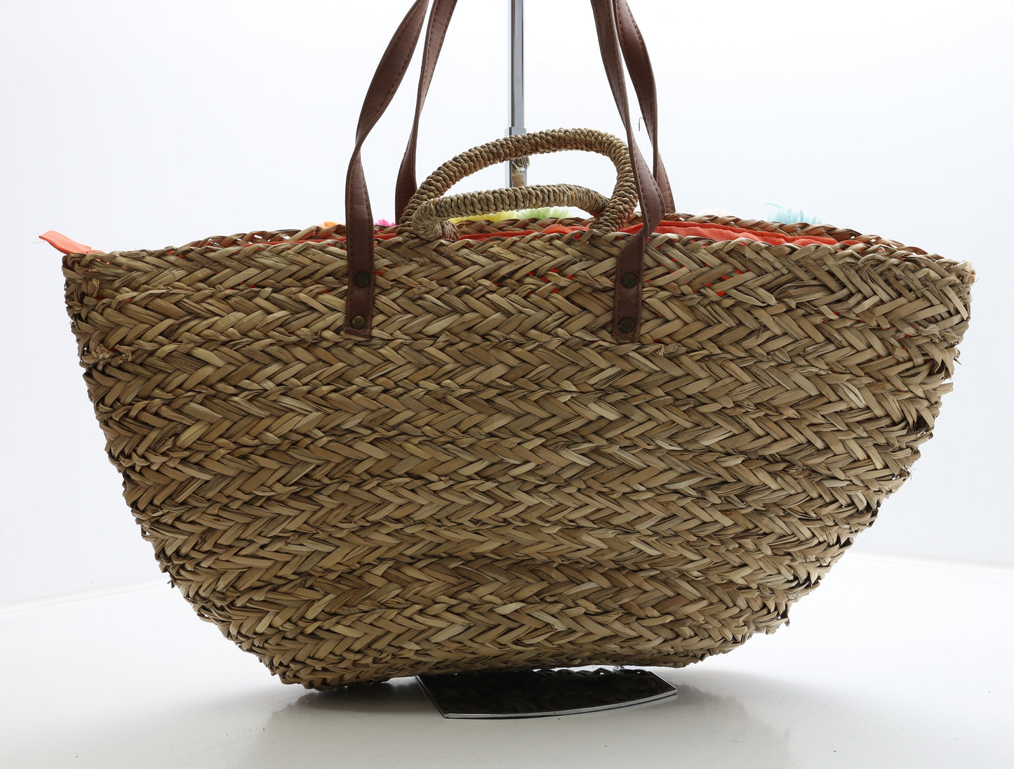 Primark Womens Brown Wicker Shoulder Bag Size Large - Pom Pom Detail