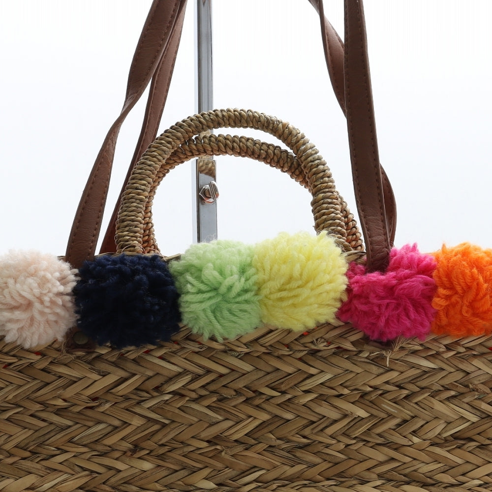 Primark Womens Brown Wicker Shoulder Bag Size Large - Pom Pom Detail