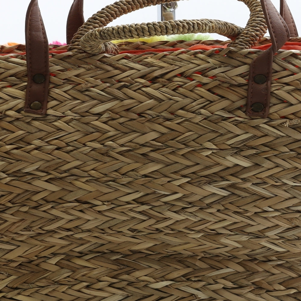 Primark Womens Brown Wicker Shoulder Bag Size Large - Pom Pom Detail