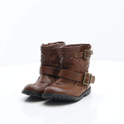 Preworn Girls Brown Geometric Leather Biker Boot UK 7 24