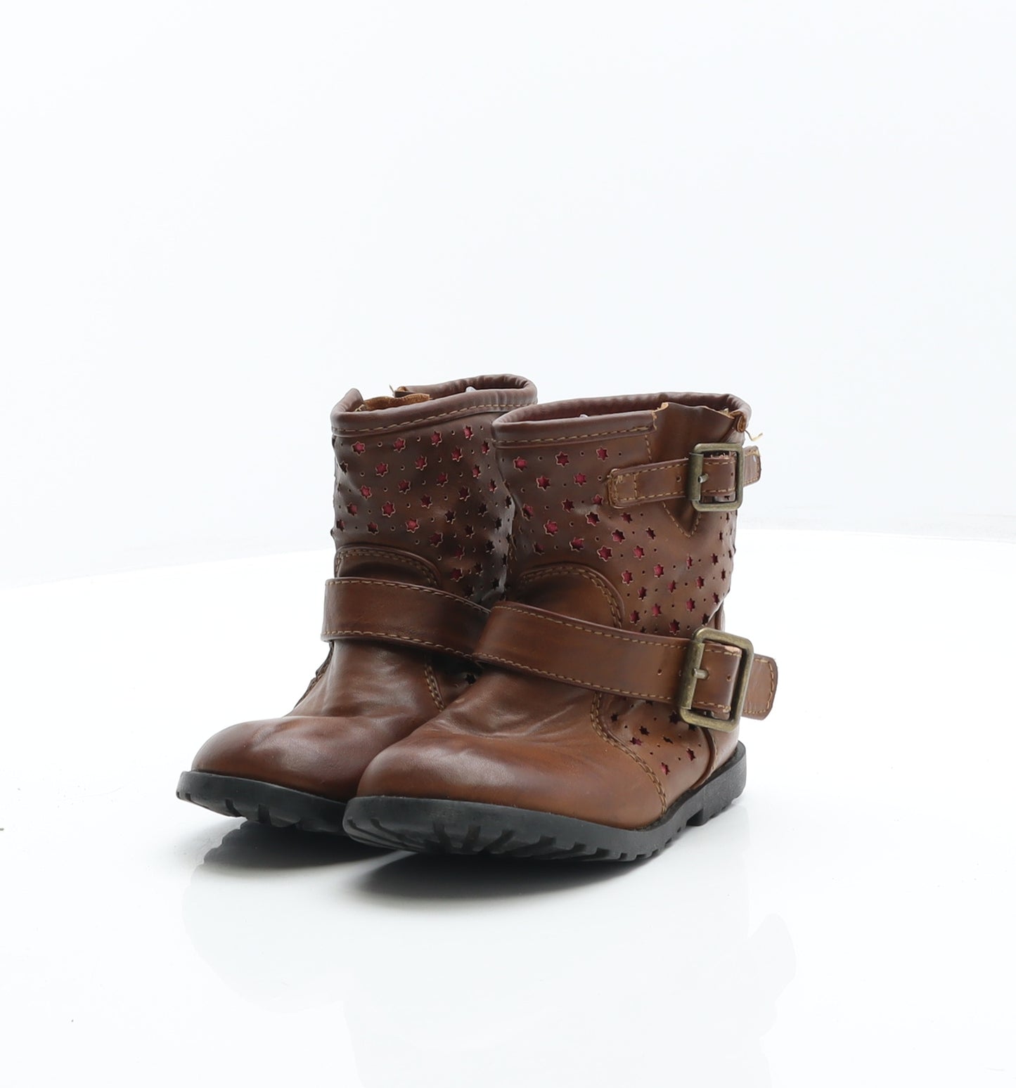 Preworn Girls Brown Geometric Leather Biker Boot UK 7 24