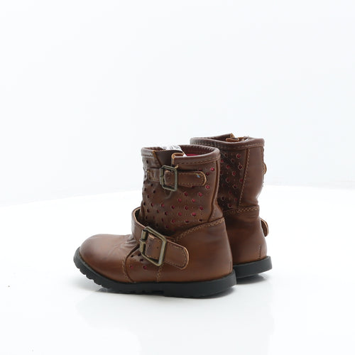 Preworn Girls Brown Geometric Leather Biker Boot UK 7 24