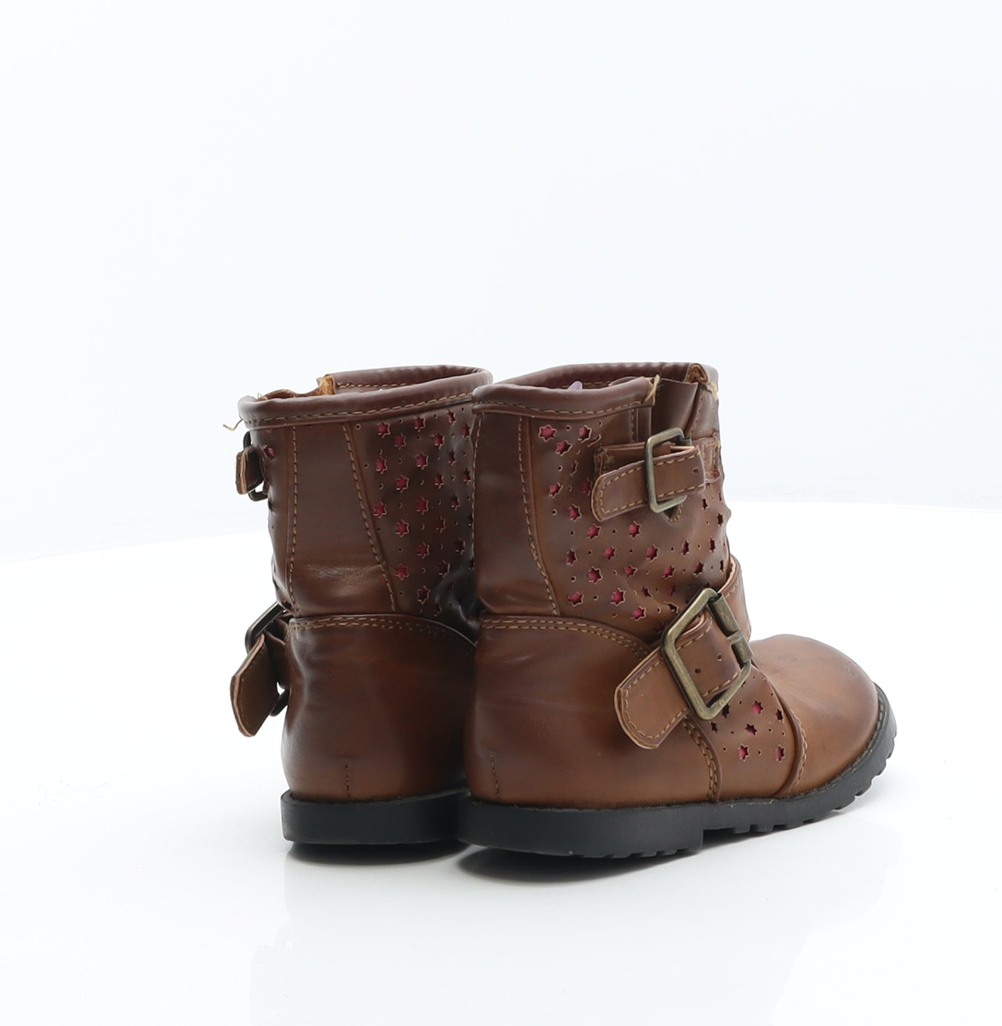 Preworn Girls Brown Geometric Leather Biker Boot UK 7 24