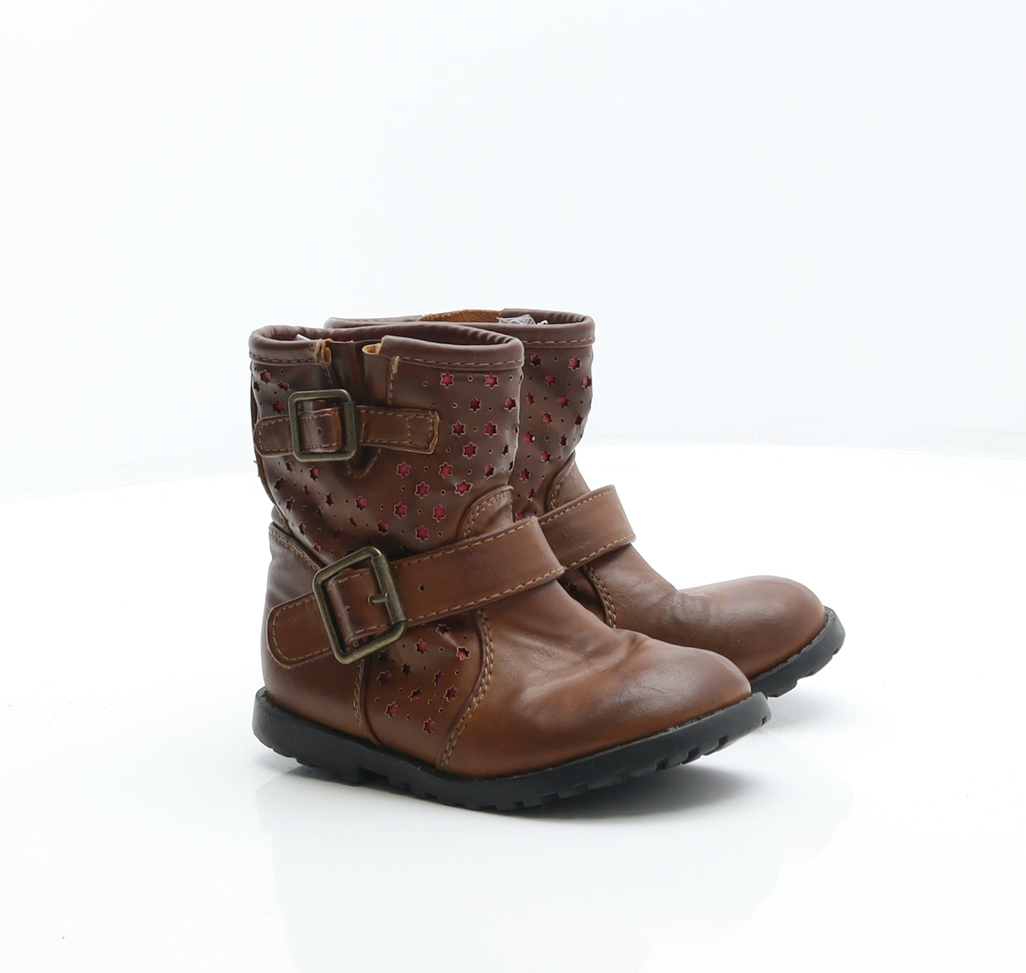 Preworn Girls Brown Geometric Leather Biker Boot UK 7 24