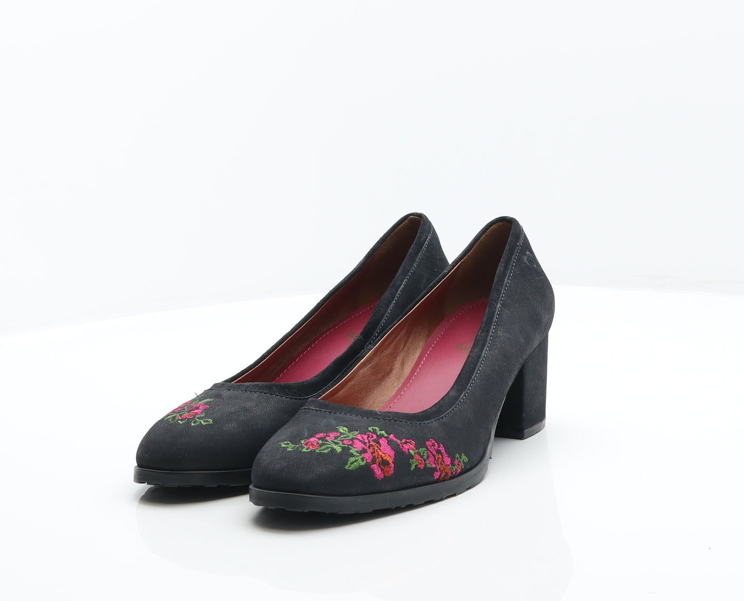 Moshulu Womens Black Leather Court Heel UK 6 39 - Flower Detail