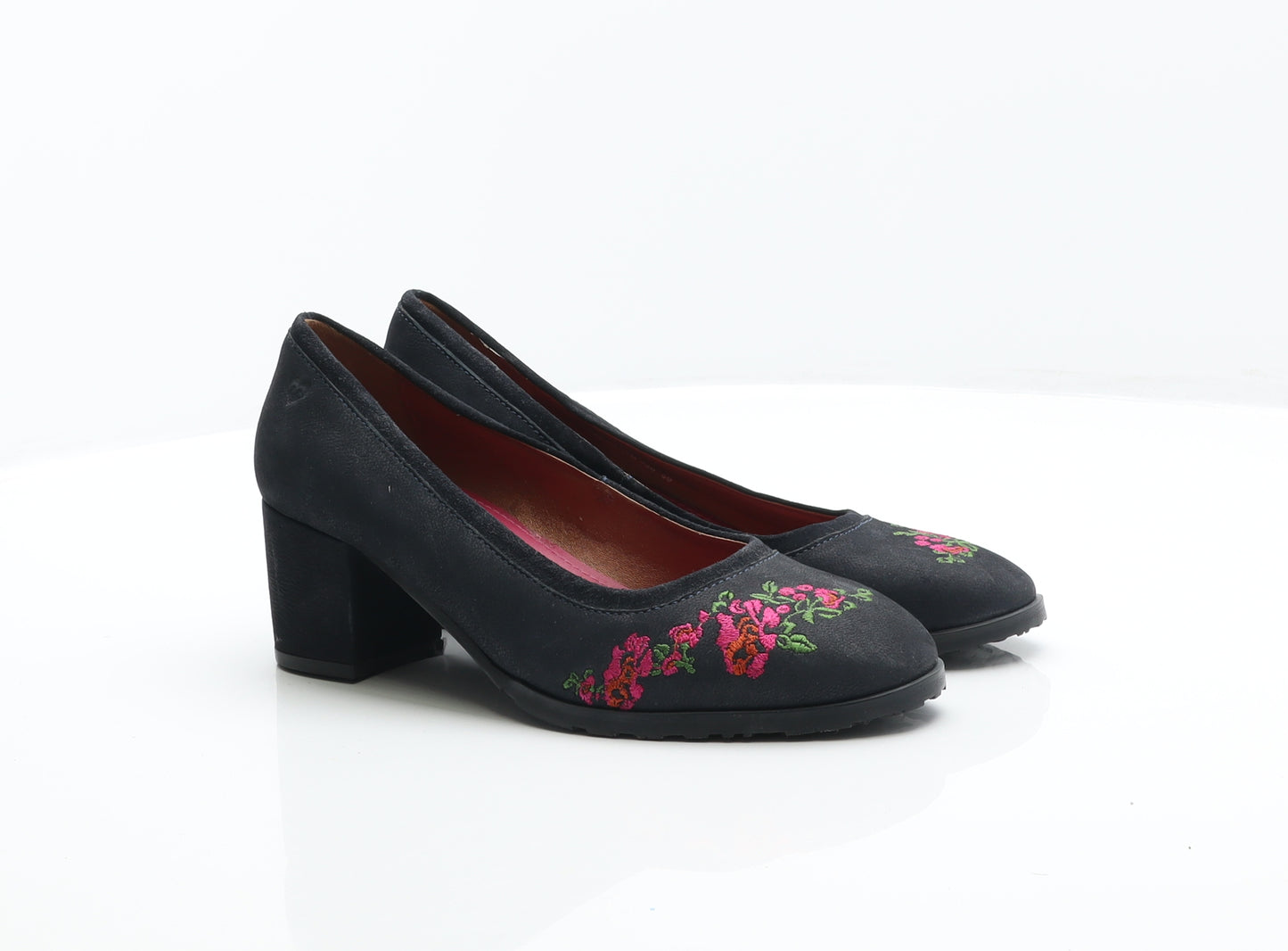 Moshulu Womens Black Leather Court Heel UK 6 39 - Flower Detail