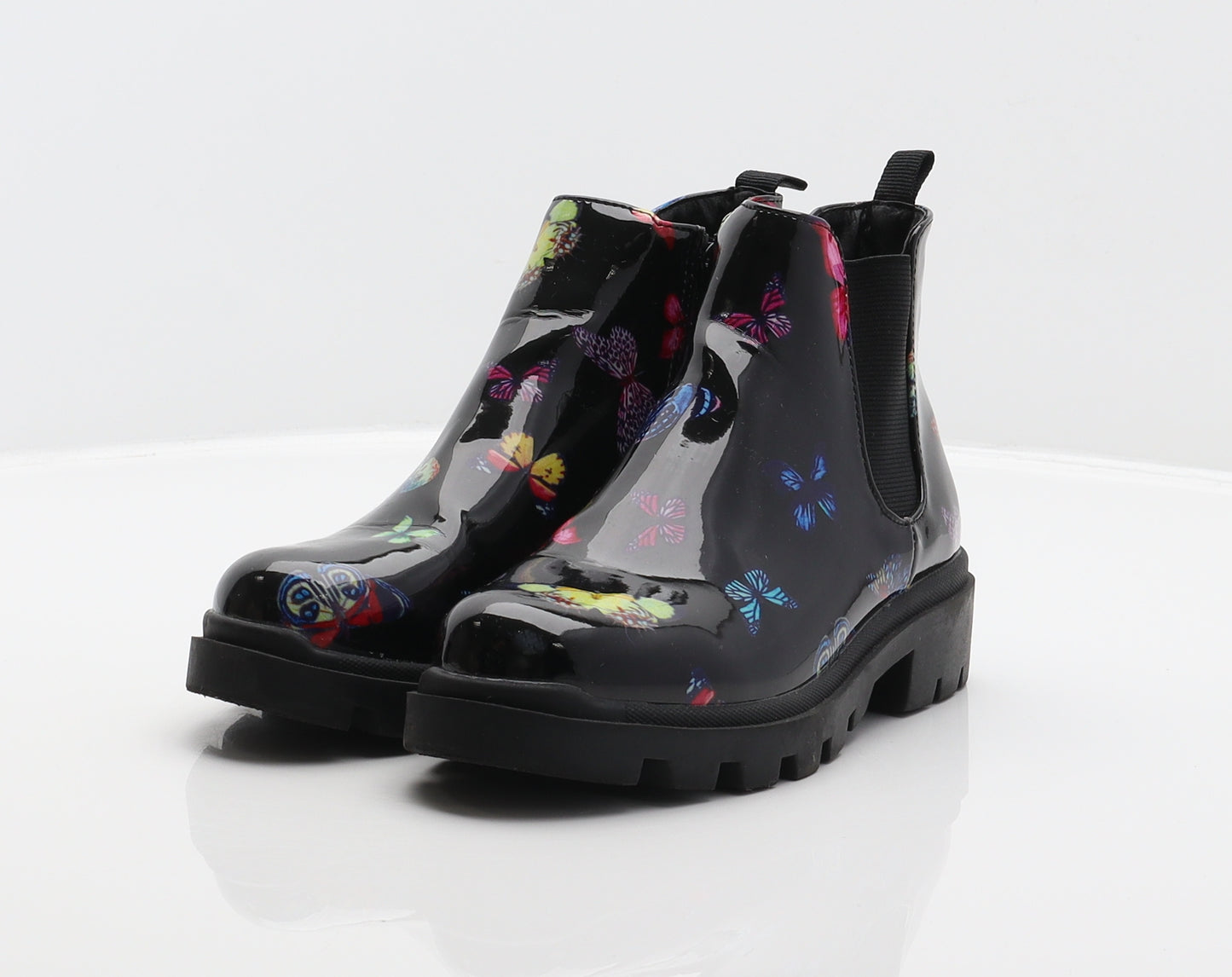 Steve Madden Girls Black Geometric Synthetic Chelsea Boot UK 1 - Butterfly Pattern