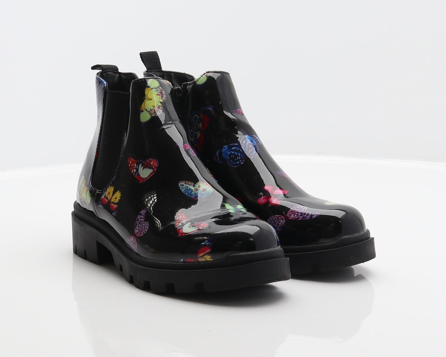 Steve Madden Girls Black Geometric Synthetic Chelsea Boot UK 1 - Butterfly Pattern