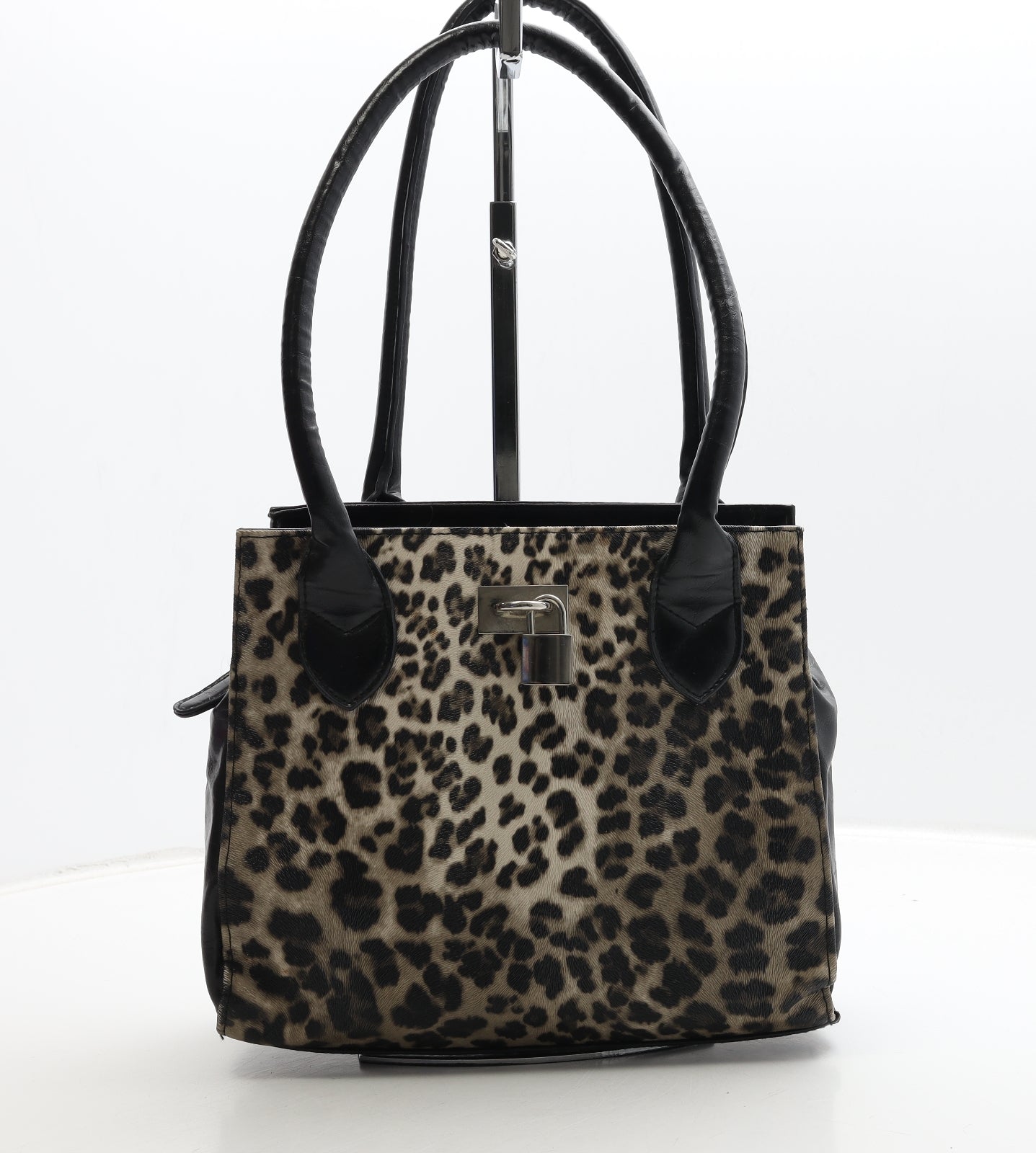 Preworn Womens Black Animal Print Polyurethane Top Handle Bag Size Medium - Leopard Print Padlock Detail