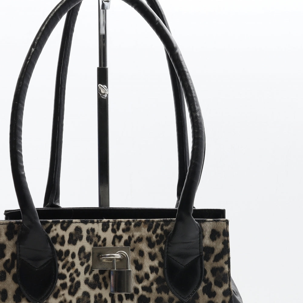 Preworn Womens Black Animal Print Polyurethane Top Handle Bag Size Medium - Leopard Print Padlock Detail