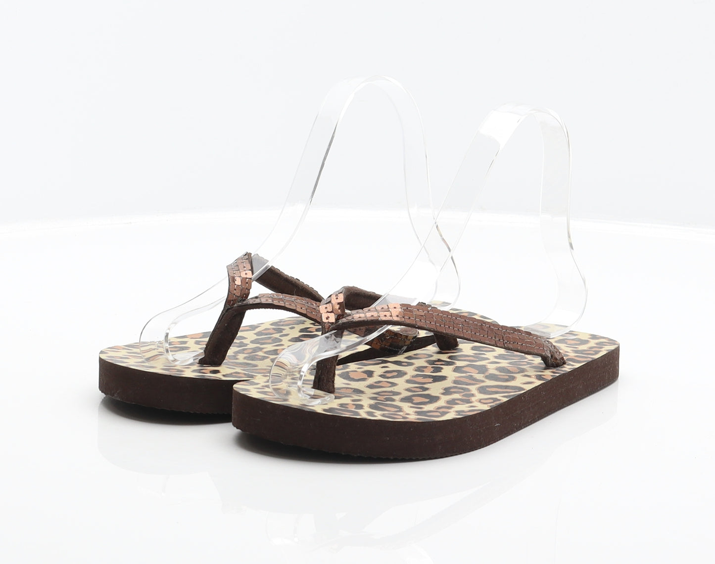Preworn Womens Brown Animal Print Synthetic Flip-Flop Sandal UK 3 - Leopard print