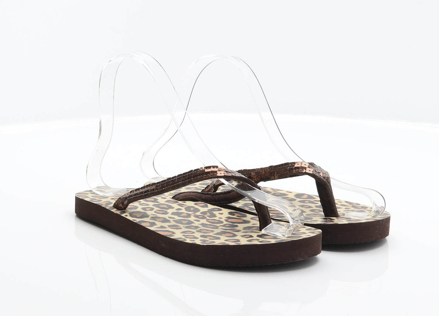 Preworn Womens Brown Animal Print Synthetic Flip-Flop Sandal UK 3 - Leopard print