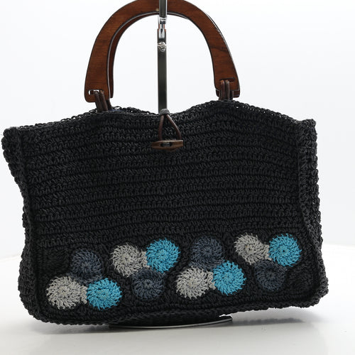 Preworn Womens Blue Geometric Wicker Top Handle Bag Size Medium - Wooden Handels