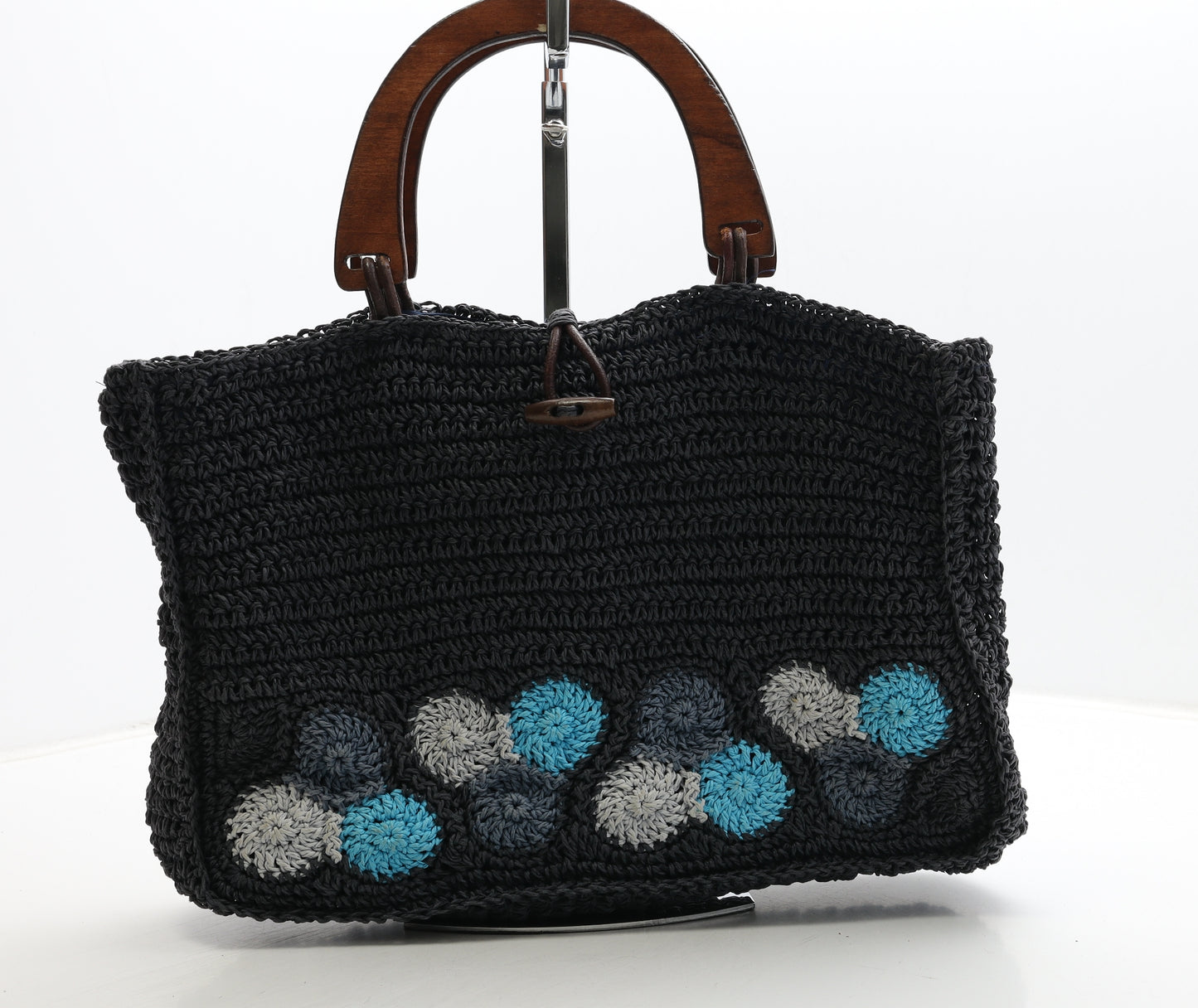 Preworn Womens Blue Geometric Wicker Top Handle Bag Size Medium - Wooden Handels