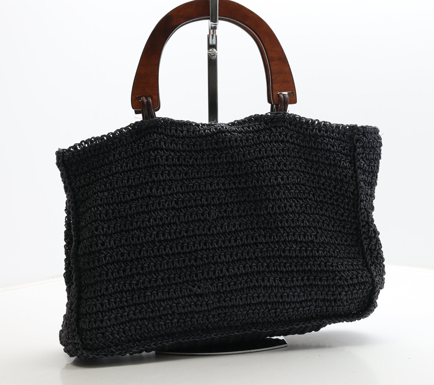 Preworn Womens Blue Geometric Wicker Top Handle Bag Size Medium - Wooden Handels