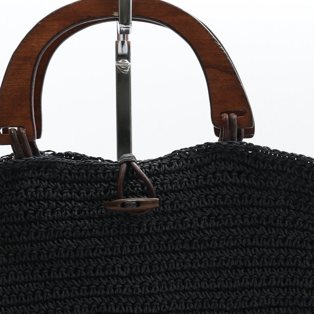 Preworn Womens Blue Geometric Wicker Top Handle Bag Size Medium - Wooden Handels