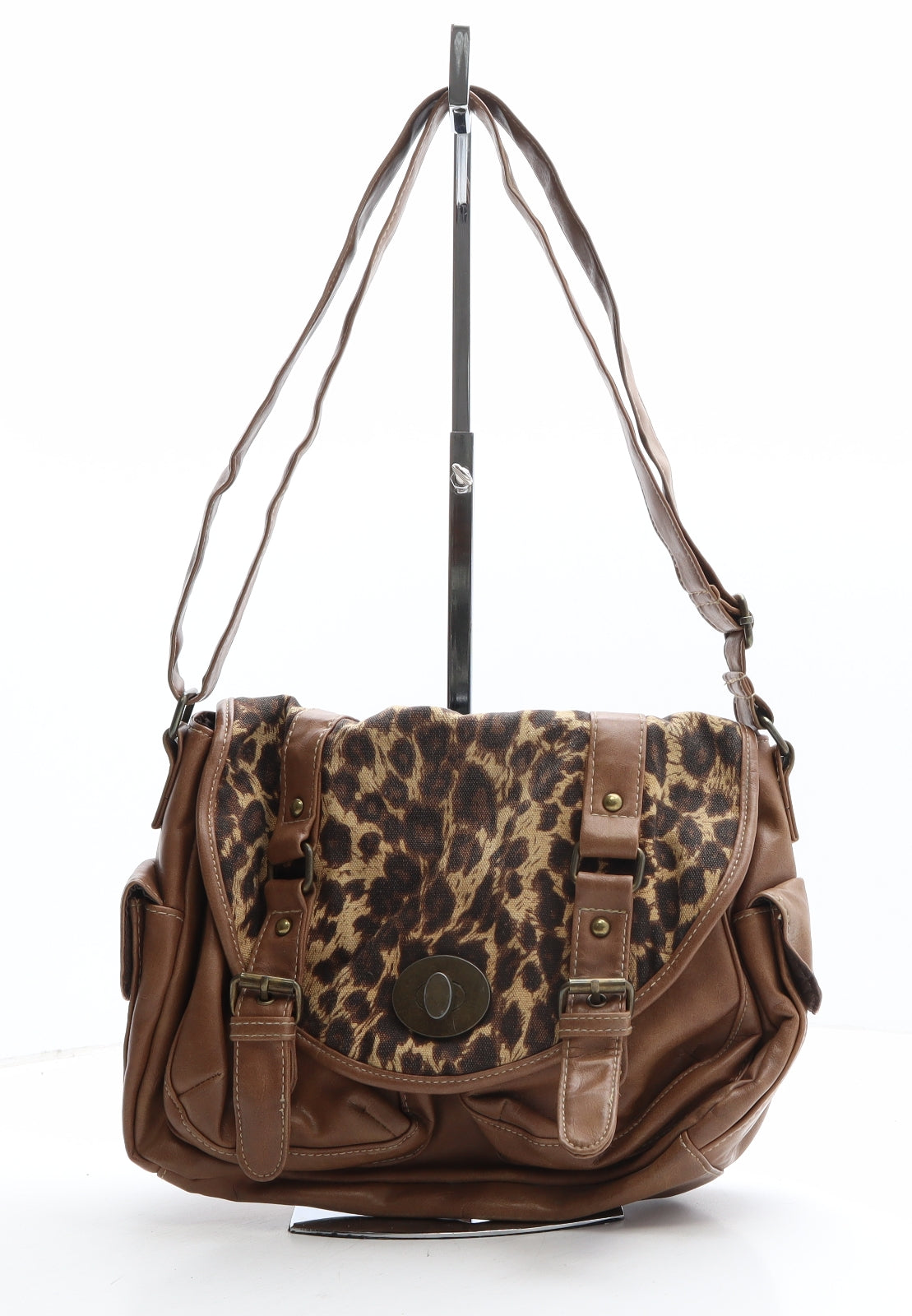 New Look Womens Brown Animal Print Polyethylene Saddle Bag Size Small