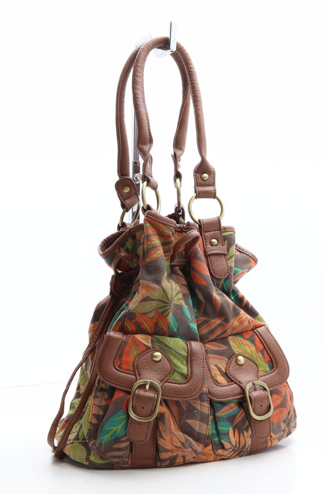 New Look Womens Brown Floral Cotton Bucket & Drawstring Bag Size Medium