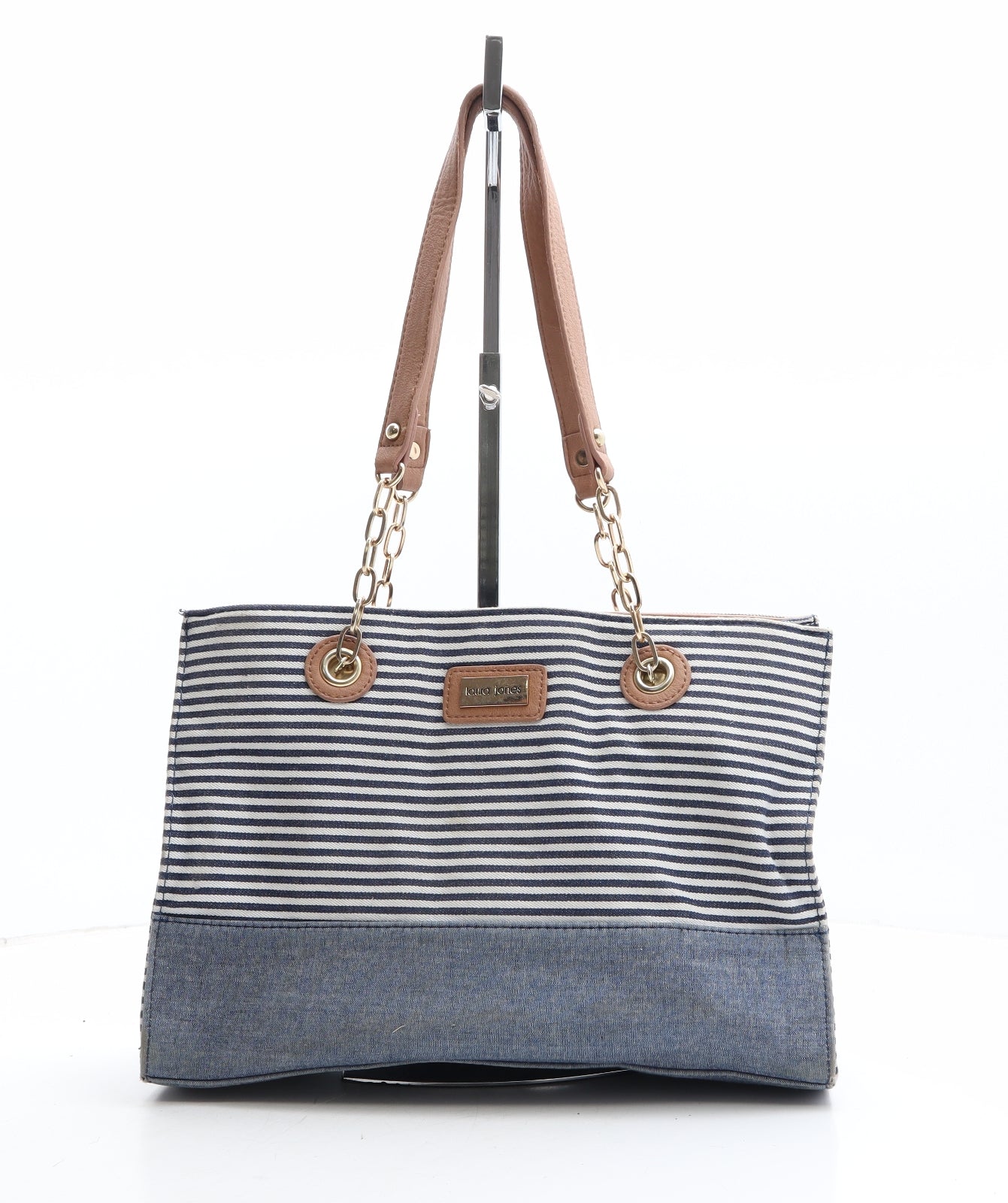 Laura Jones Womens Blue Striped Polyester Shoulder Bag Size Medium