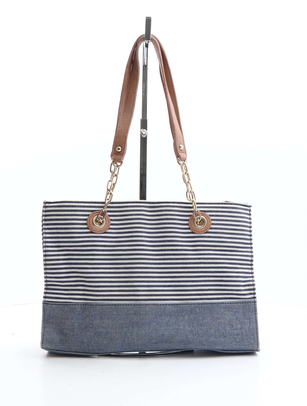 Laura Jones Womens Blue Striped Polyester Shoulder Bag Size Medium