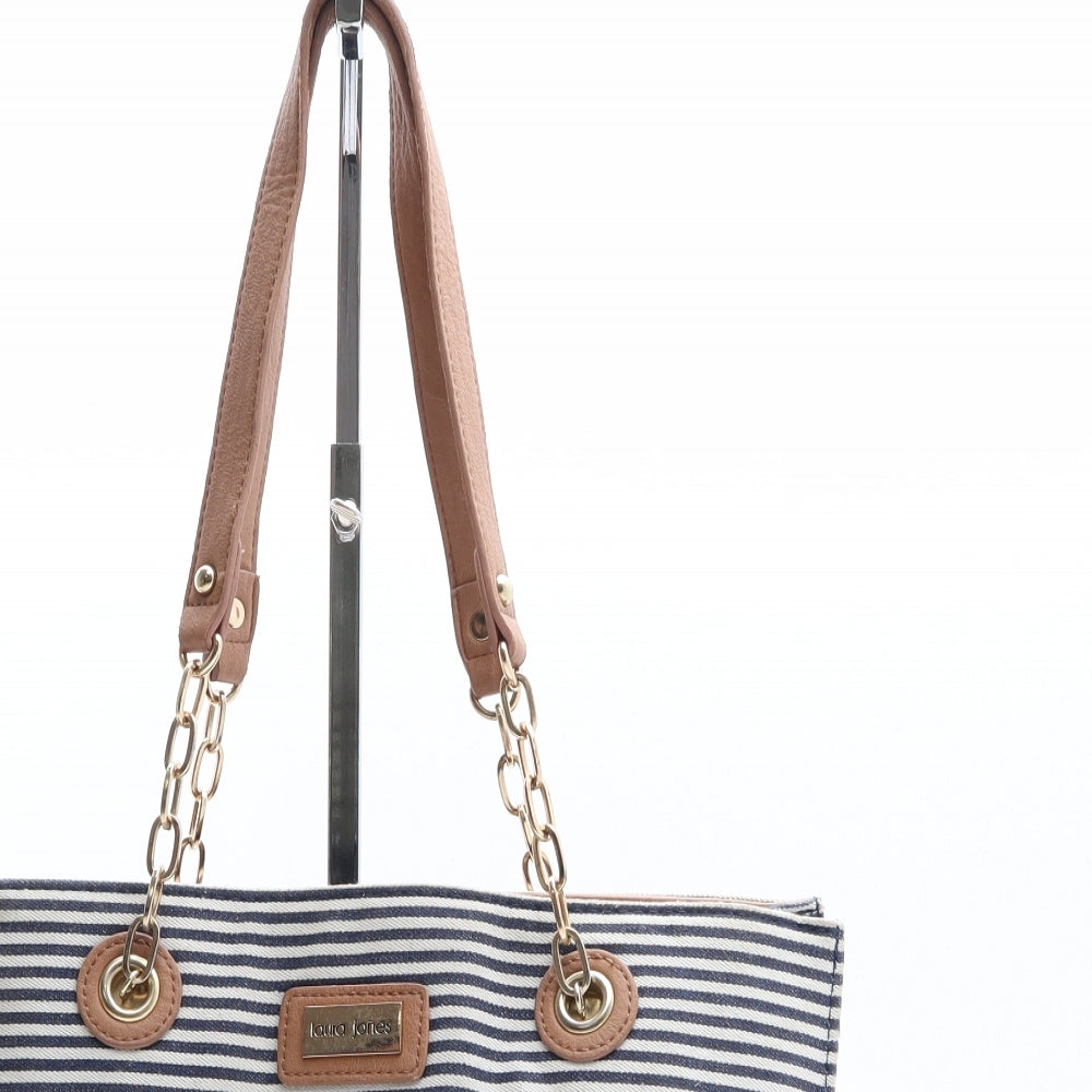 Laura Jones Womens Blue Striped Polyester Shoulder Bag Size Medium
