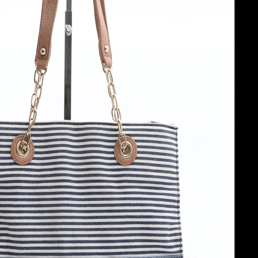 Laura Jones Womens Blue Striped Polyester Shoulder Bag Size Medium