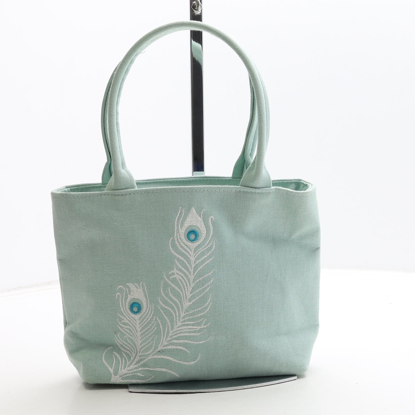 Manumii Womens Mint Canvas Top Handle Bag Size Small - Peacock Feather Detail
