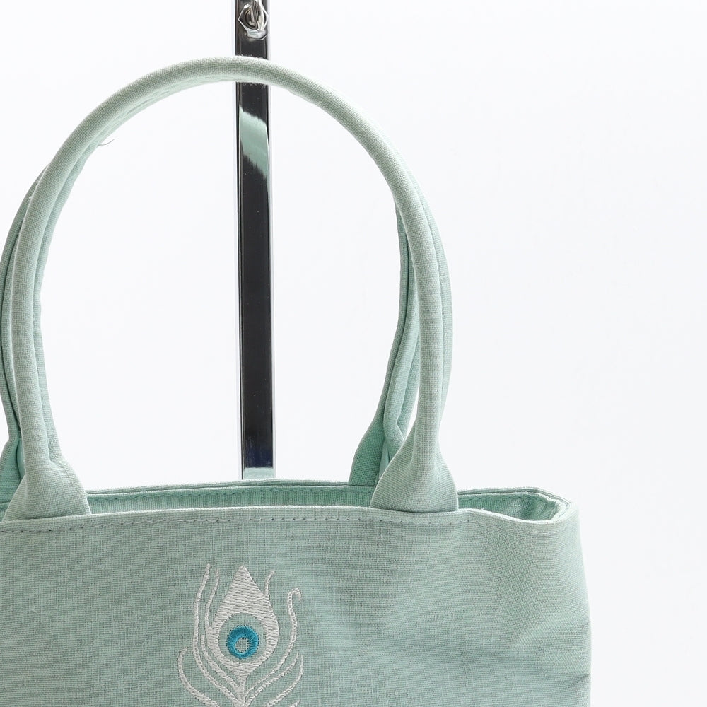 Manumii Womens Mint Canvas Top Handle Bag Size Small - Peacock Feather Detail