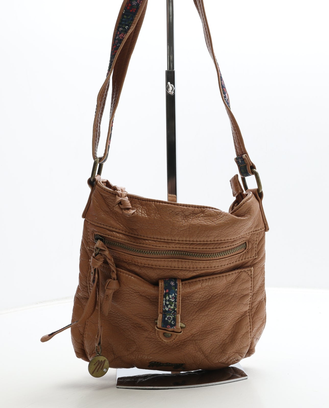 Mantaray Womens Brown Floral Polyurethane Crossbody Size Small