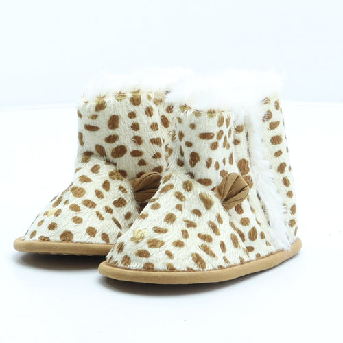 Preworn Girls Beige Animal Print Synthetic Shearling Style Boot UK 6-12 Months - giraffe print