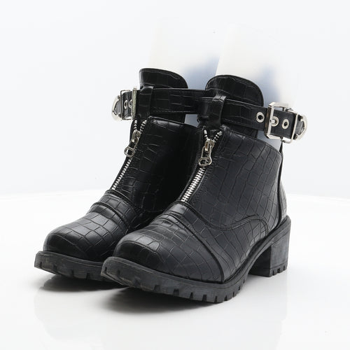 Preworn Womens Black Synthetic Biker Boot UK 5 38 - Croc Texture