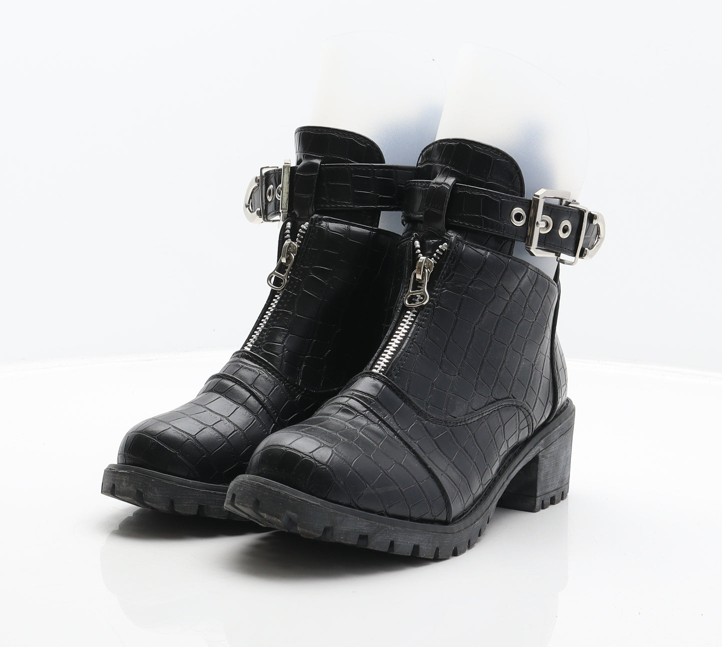 Preworn Womens Black Synthetic Biker Boot UK 5 38 - Croc Texture